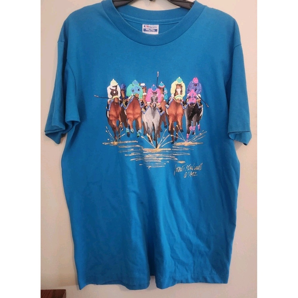 Vintage 90s Single Stitch Paint Horse Racing Shirt Blue USA Made Size Large